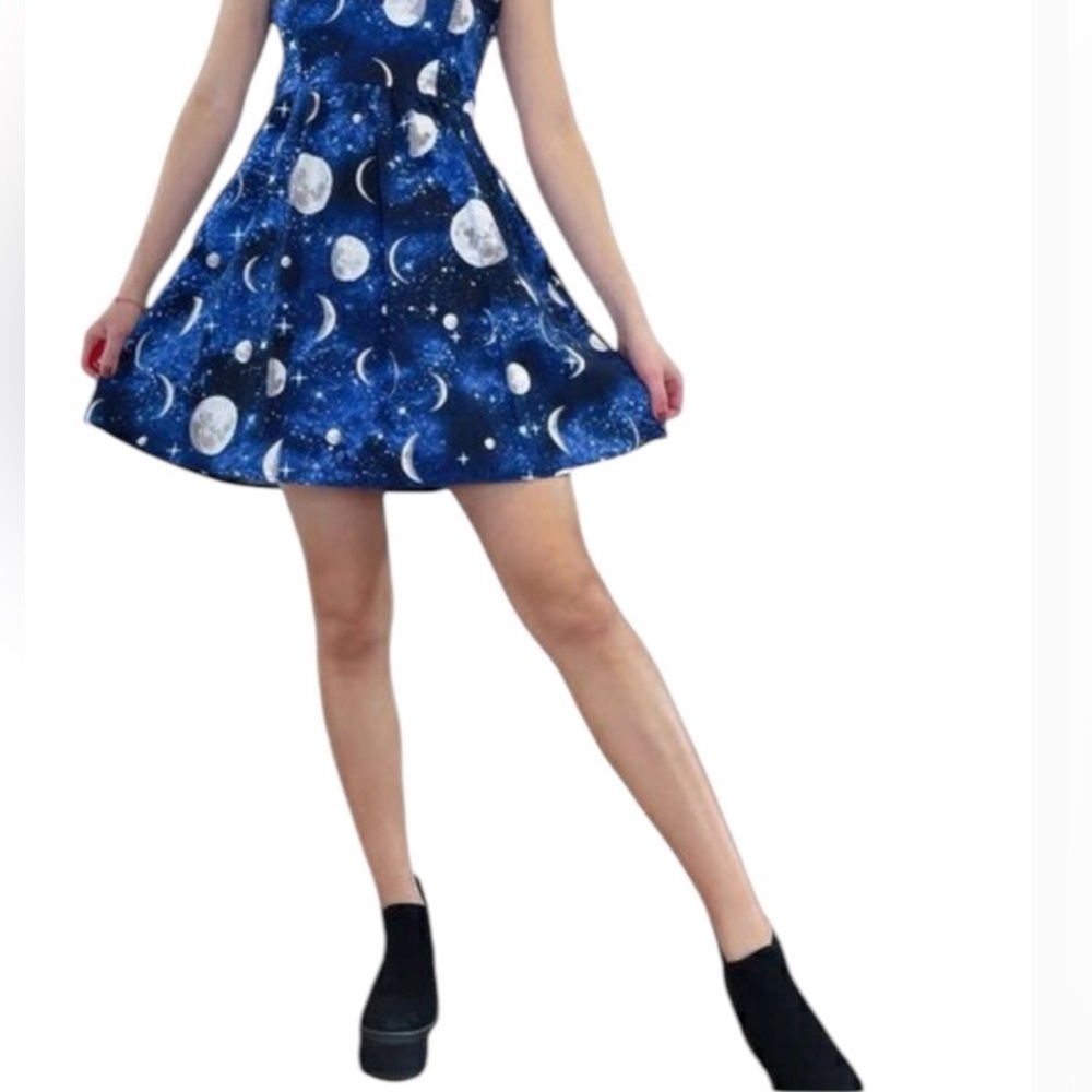 RETROLICIOUS Blue White Moon Stars Fit & Flare Vintage Style Dress Size Large